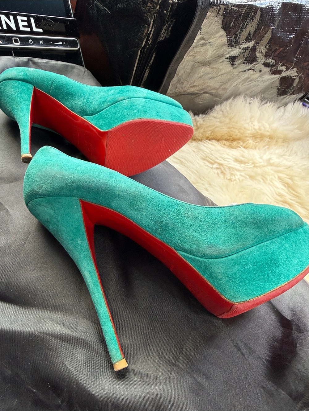 Christian Louboutin Teal Suede Peep-Toe Platform Pumps